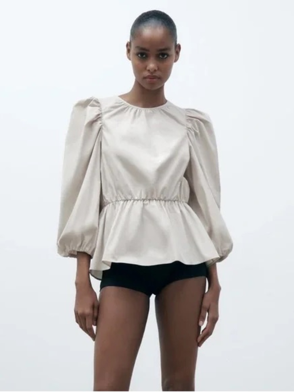 Zara Cream Puff-Sleeve Peplum Blouse